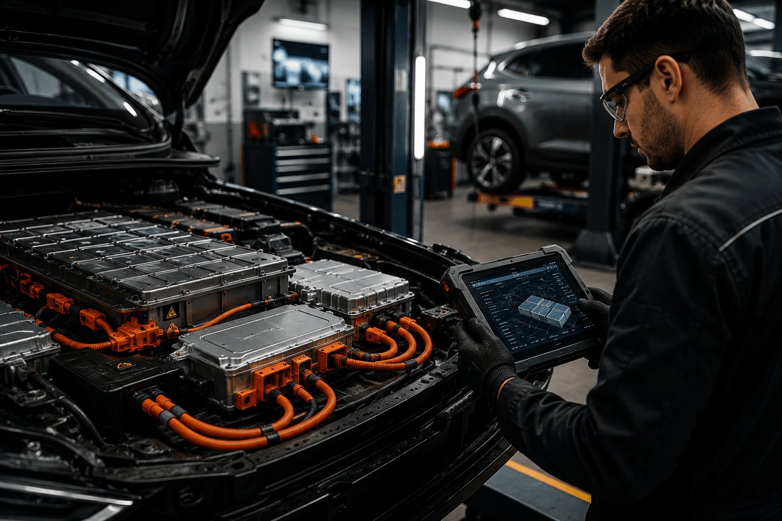 Batteria di auto elettrica e sistema ad alta tensione in revisione all'interno di un'officina meccanica.