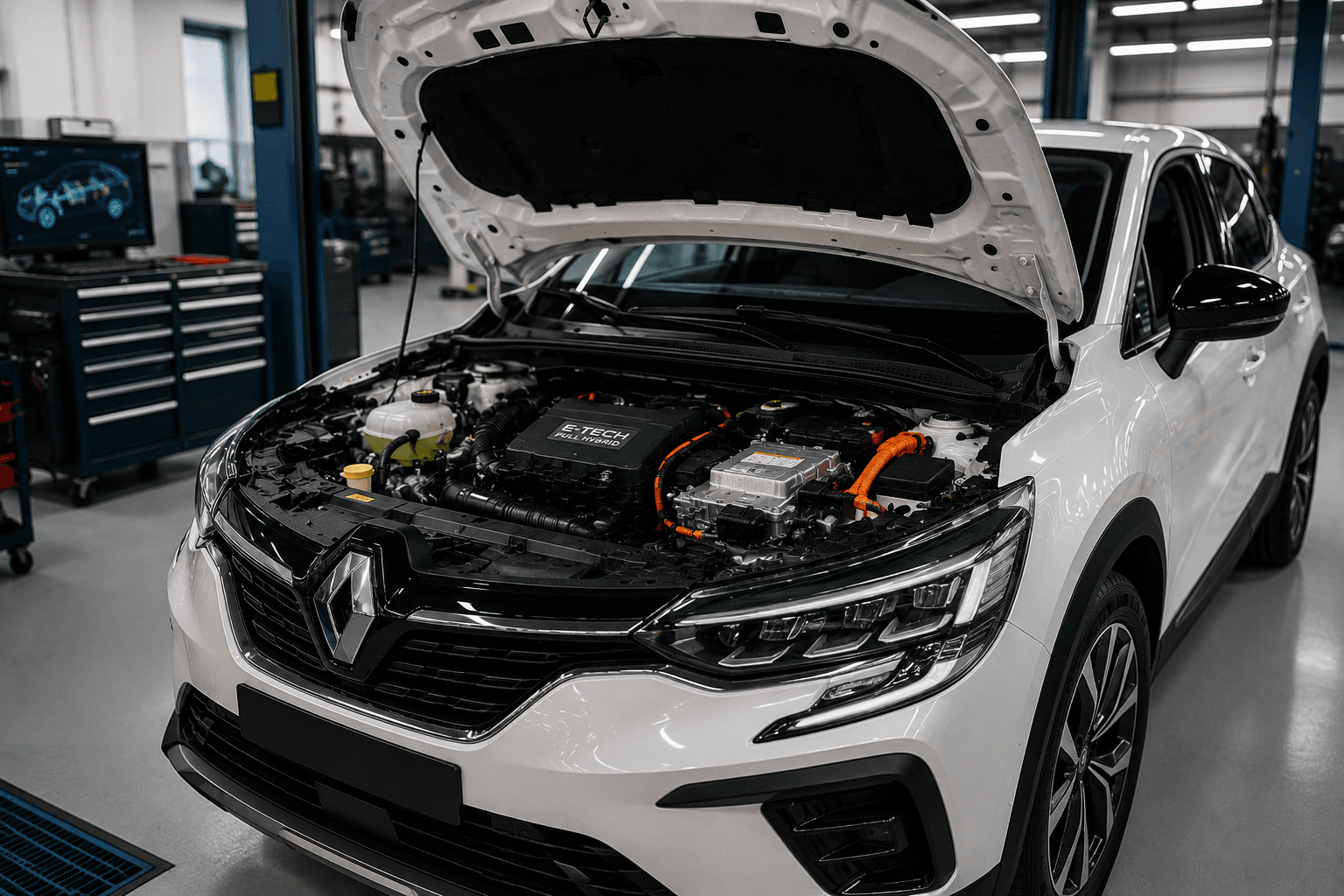 Renault ibrida E-Tech Full Hybrid con cofano aperto in un'officina tecnica, che mostra componenti del sistema ibrido e cavi ad alta tensione.